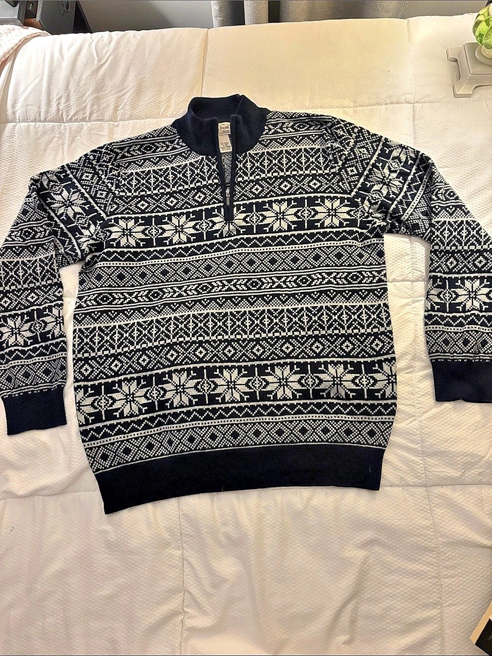 Extra Large.XL Bean Cotton/Cashmere Fair Isle Quarter-Zip Sweater